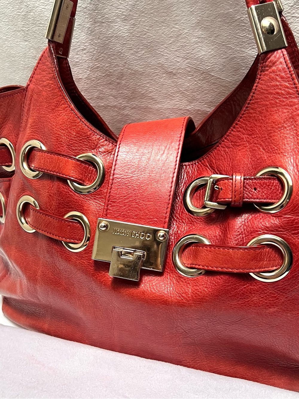 Authentic Red Leather Jimmy Choo Buckle Shoulder Bag With Dust Bag - Picture 3 of 15